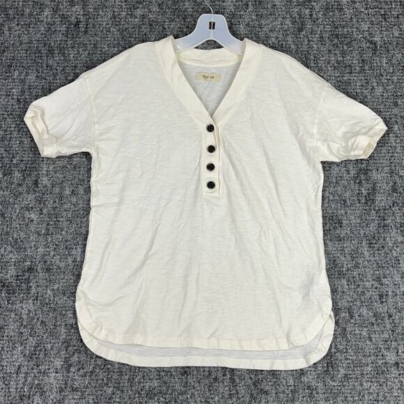Madewell Shirt Womens XXS Ivory Relaxed Henley Tee Safari V-Neck Slouchy Sleeves - Picture 1 of 10